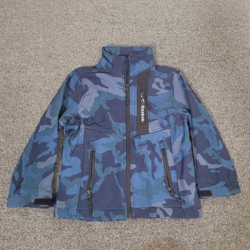 Reebok Size 4 Softshell Jacket Boys Blue Camo Fleece Lined Full Zip Outdoor